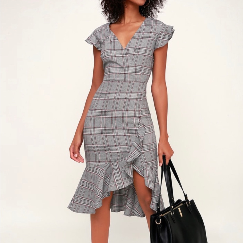 Lulus Grey Glen Plaid Ruffle Midi Dress - MEDIUM